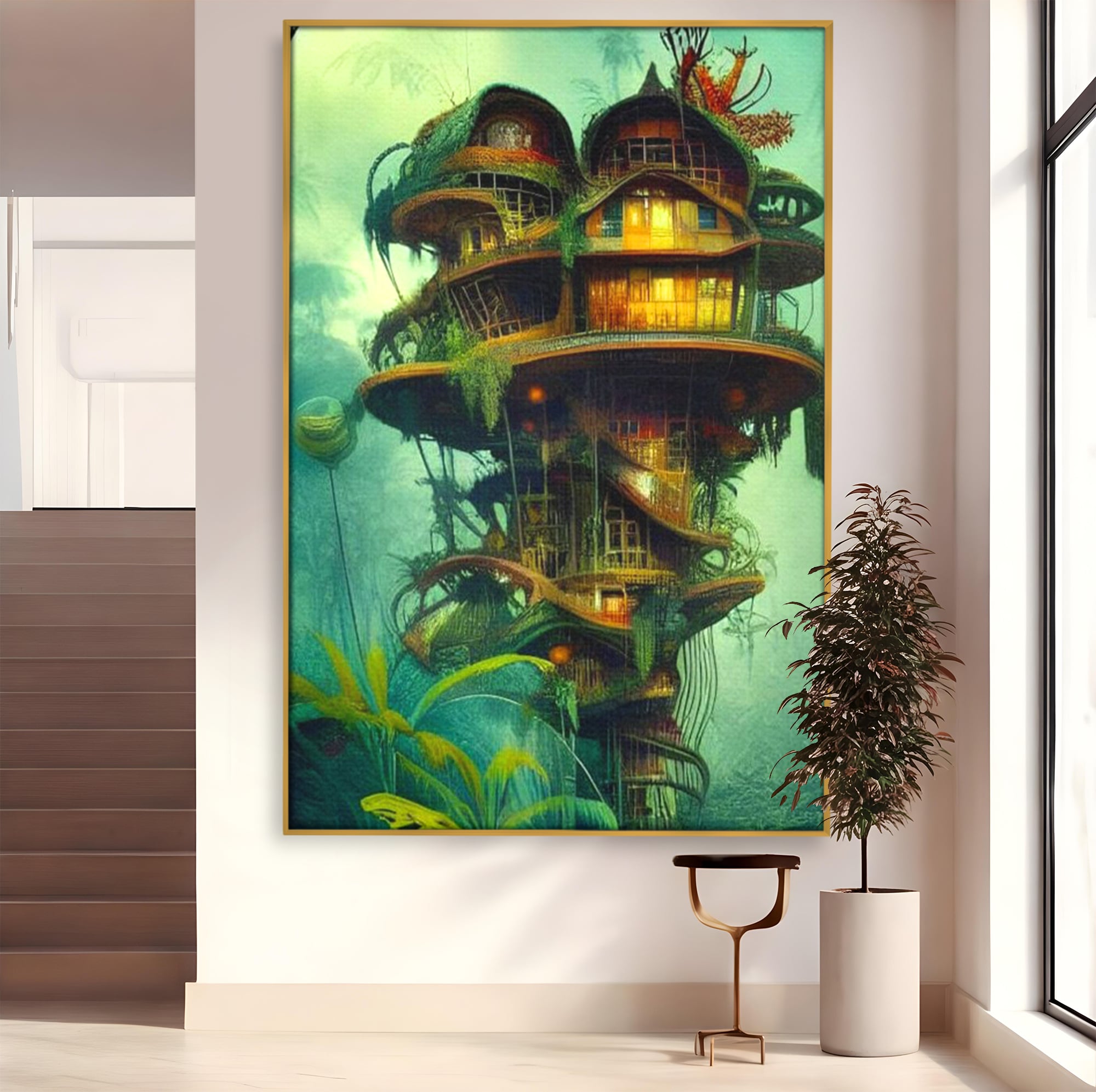 Tablou canvas cu ilustratie digitala cu turn in copac, in rama de aluminiu auriu